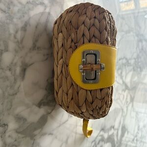 Woven Straw Wicker Clutch with Yellow Accents and a Bamboo Clasp
